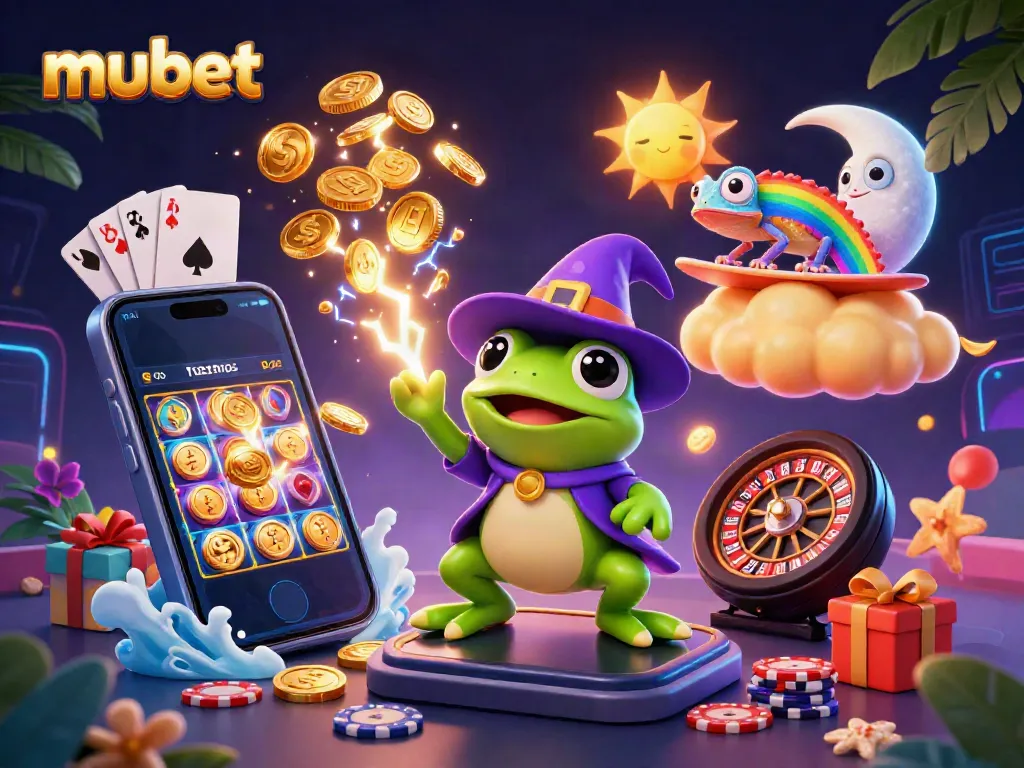 Experience the magic of mubet as a wizard frog conjures coins with casino elements.