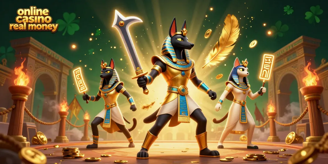 Engage in online casino real money gaming with an epic scene featuring Anubis and Bastet.