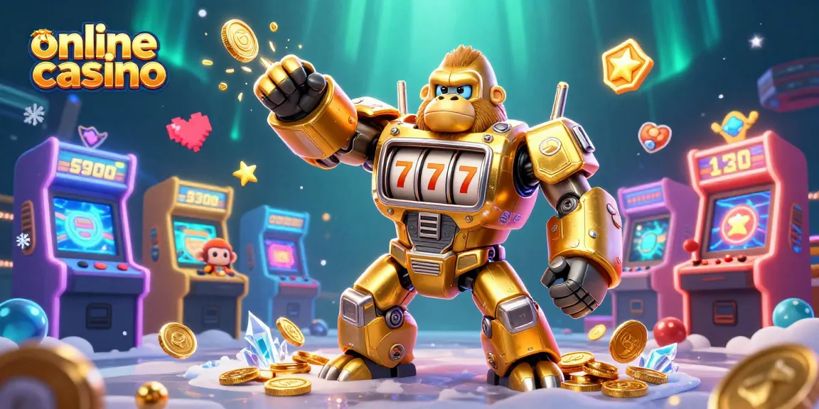 Experience fun at an online casino with a golden gorilla mech and vibrant gaming elements.