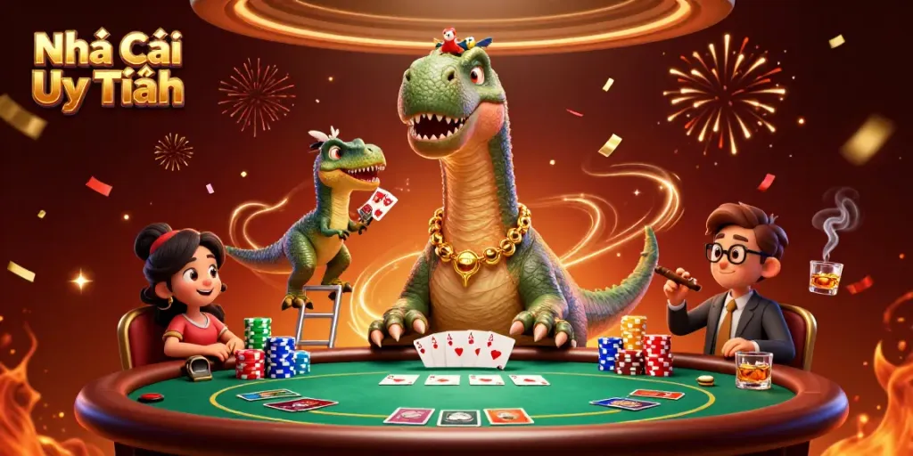 Engaging scene featuring a 3D cartoon brontosaurus and raptor at a poker table showcasing Nhà Cái Uy Tín's unique gambling experience.
