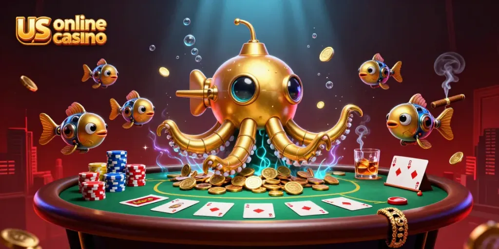 Experience thrilling gameplay at us online casino with a golden kraken submarine amidst poker elements.