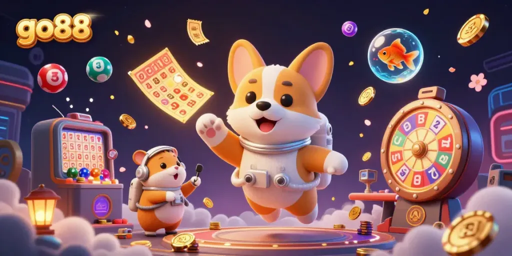 Engage with go88's thrilling casino experience featuring an astronaut corgi in a vibrant cosmic scene.