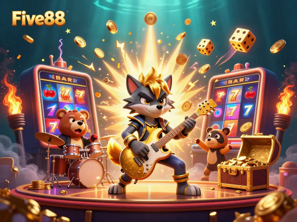 Engage in the excitement of Five88 with dynamic casino characters and games in an electrifying scene.