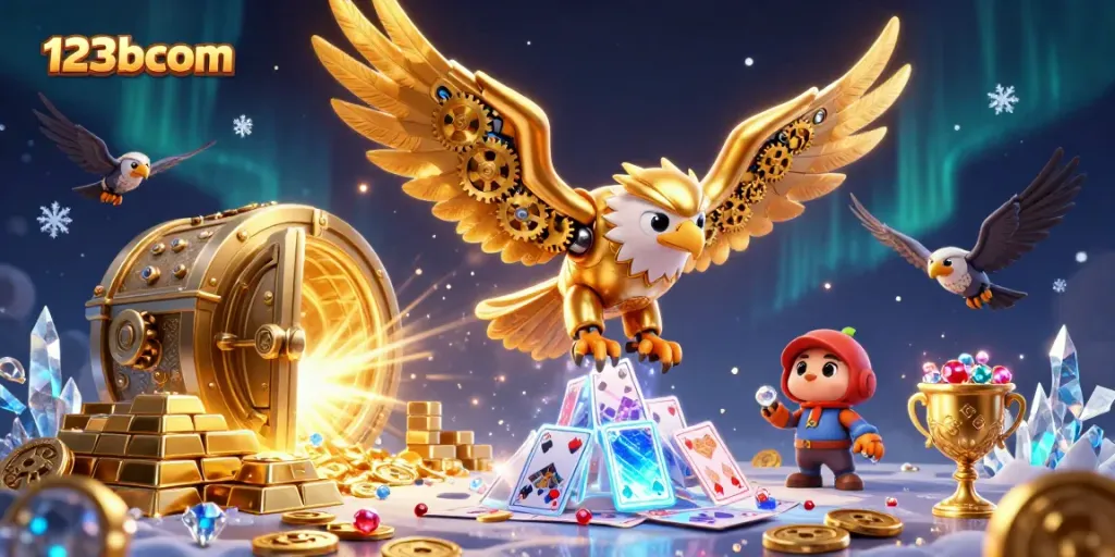 Engage in thrilling gaming experiences at 123bcom with a cybernetic eagle and holographic cards.
