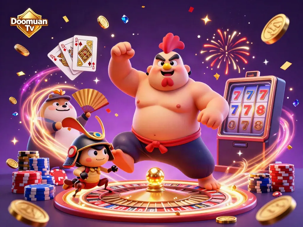 Doomuan Tv showcases an exciting 3D casino scene with characters and vibrant gambling elements.