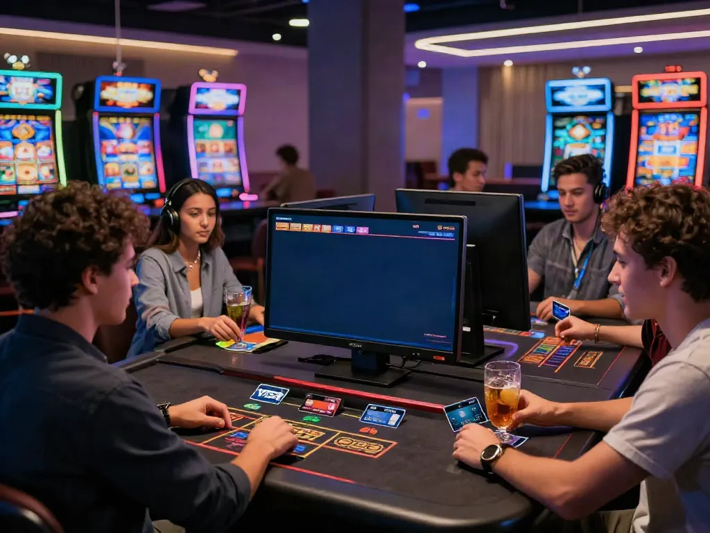 Exciting atmosphere showcasing friends playing at online casinos that accept credit cards, featuring vibrant slot machines and gaming screens.