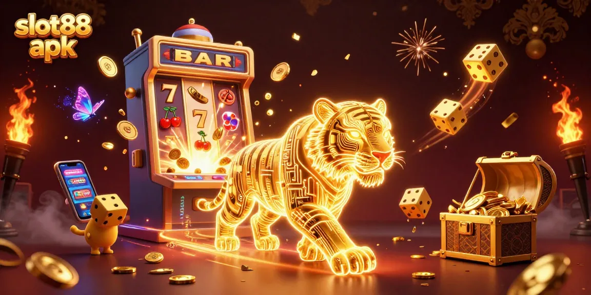 Experience the excitement of slot88 apk with a vibrant digital casino scene featuring a golden tiger and jackpots.