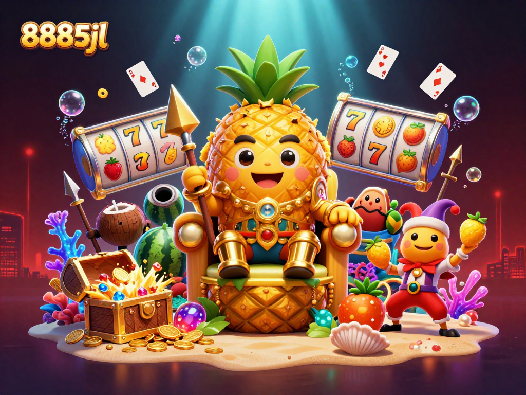 Engage with 8885jl's vibrant casino scene featuring the golden pineapple king and slot symbols