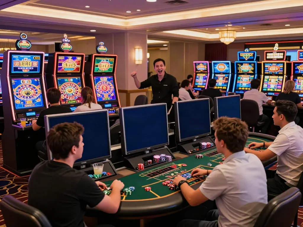 Dynamic casino scene featuring man88 with players at vibrant gaming stations.