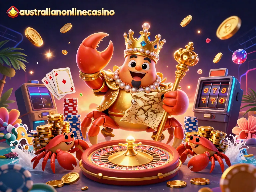 Experience thrilling wins at australianonlinecasino with a golden crab emperor ruling over a vibrant casino scene.