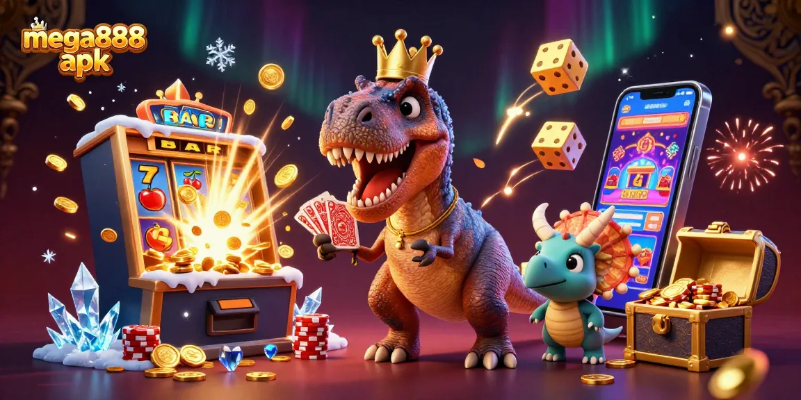 Experience the thrill of gaming with mega888 apk as the T-Rex and friends engage with slots and chips.
