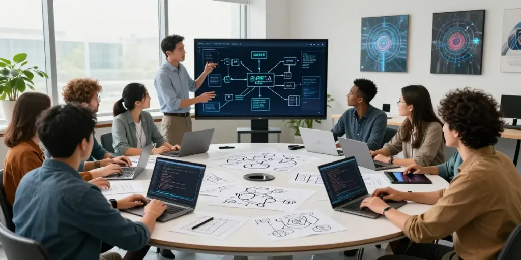 A diverse team collaborating in an enterprise AI workspace, showcasing the integration of advanced technology.