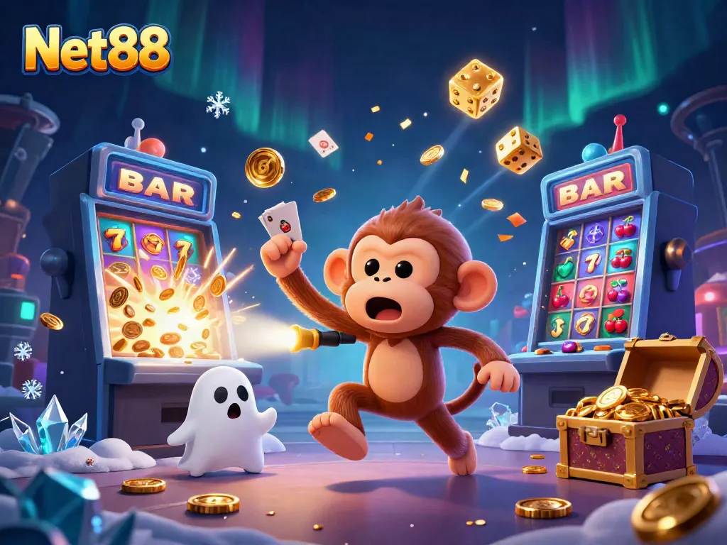 Experience the excitement of Net88 in a vibrant casino with animated characters and jackpot elements.