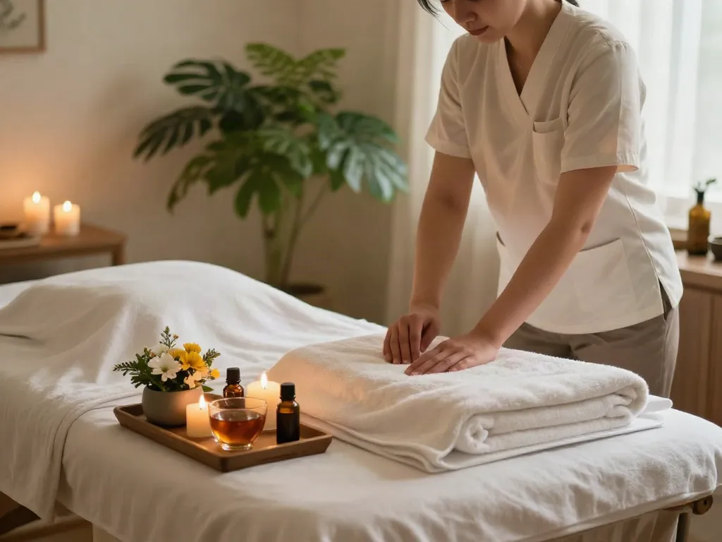 용산출장마사지 session setup with a tranquil home spa environment, essential oils, and soft lighting.