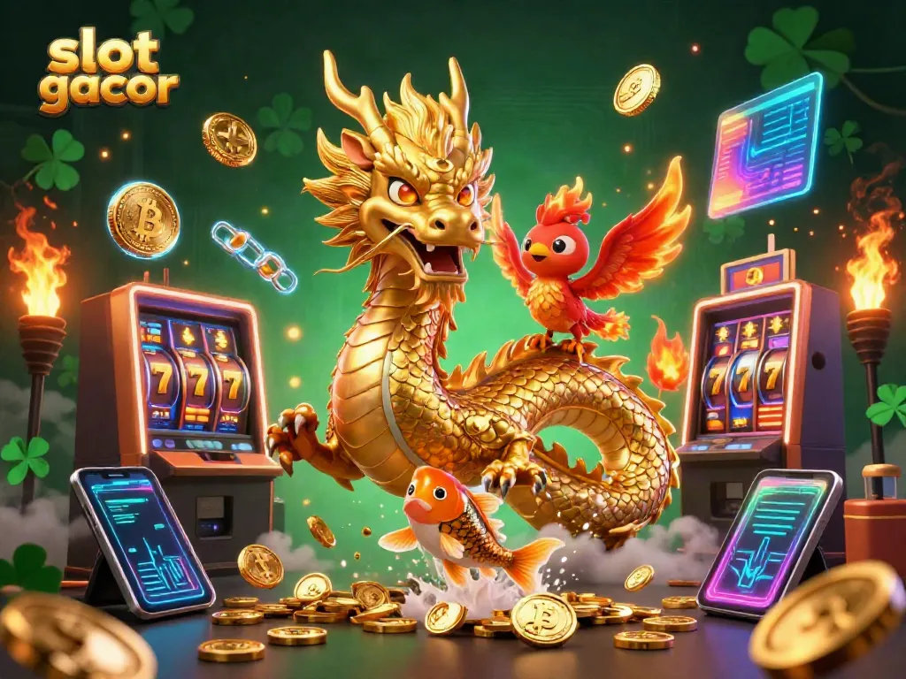 Engage with slot gacor action featuring a dragon, phoenix, and koi within a rich 3D digital landscape.