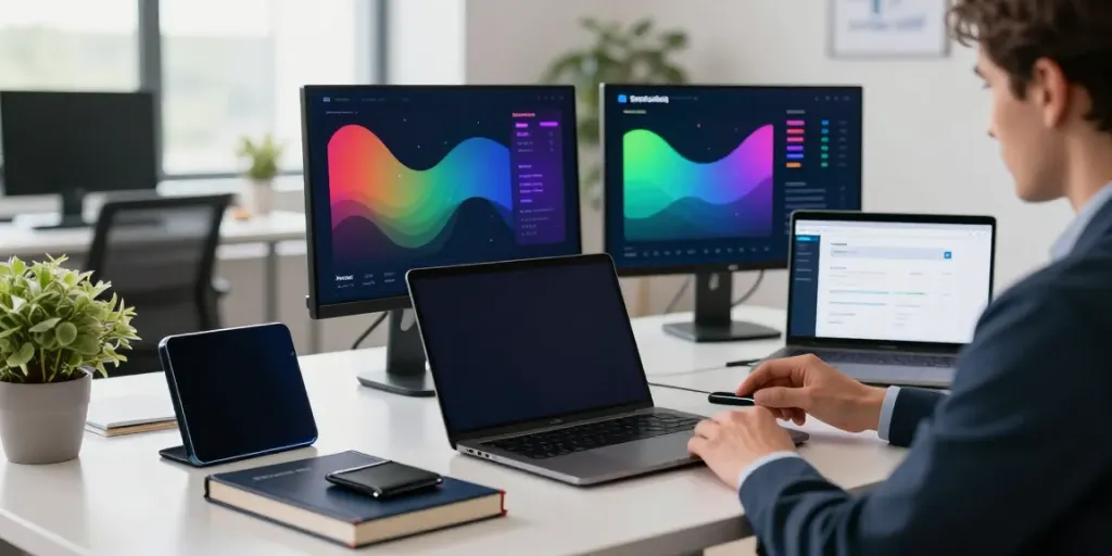 Kinetiq professional analyzing HYPE staking rewards in a modern digital finance workspace.