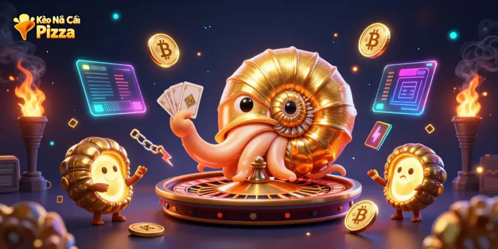 Engage with Kèo Nhà Cái Pizza through a vibrant 3D scene filled with casino elements and glowing cryptocurrency.
