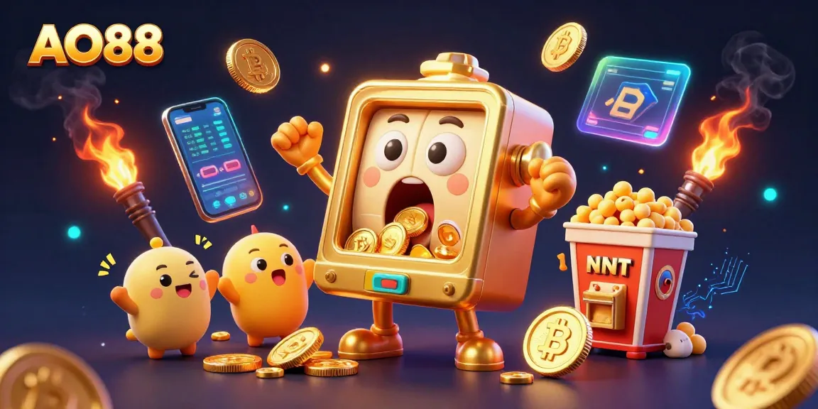 Experience exciting winnings at AO88 with golden slot machines celebrating jackpots alongside crypto elements.