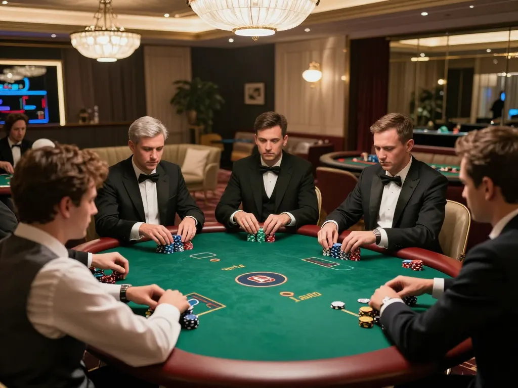 Players strategizing at a private MM88 poker table in a luxurious casino setting.