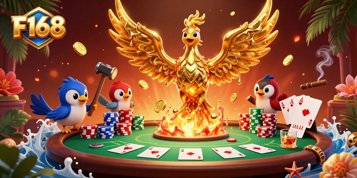 Experience thrilling action with F168 as a golden phoenix emerges in a vibrant gambling scene.