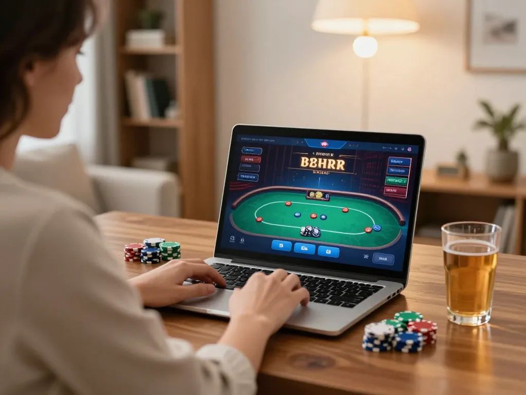 mm88 player enjoying online poker gaming on a laptop in a cozy home setting