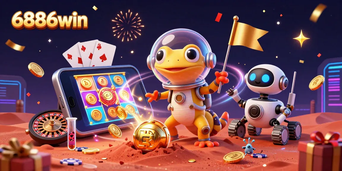 Engaging 6886win slot game scene with Martian gecko and robot rover in a golden casino.