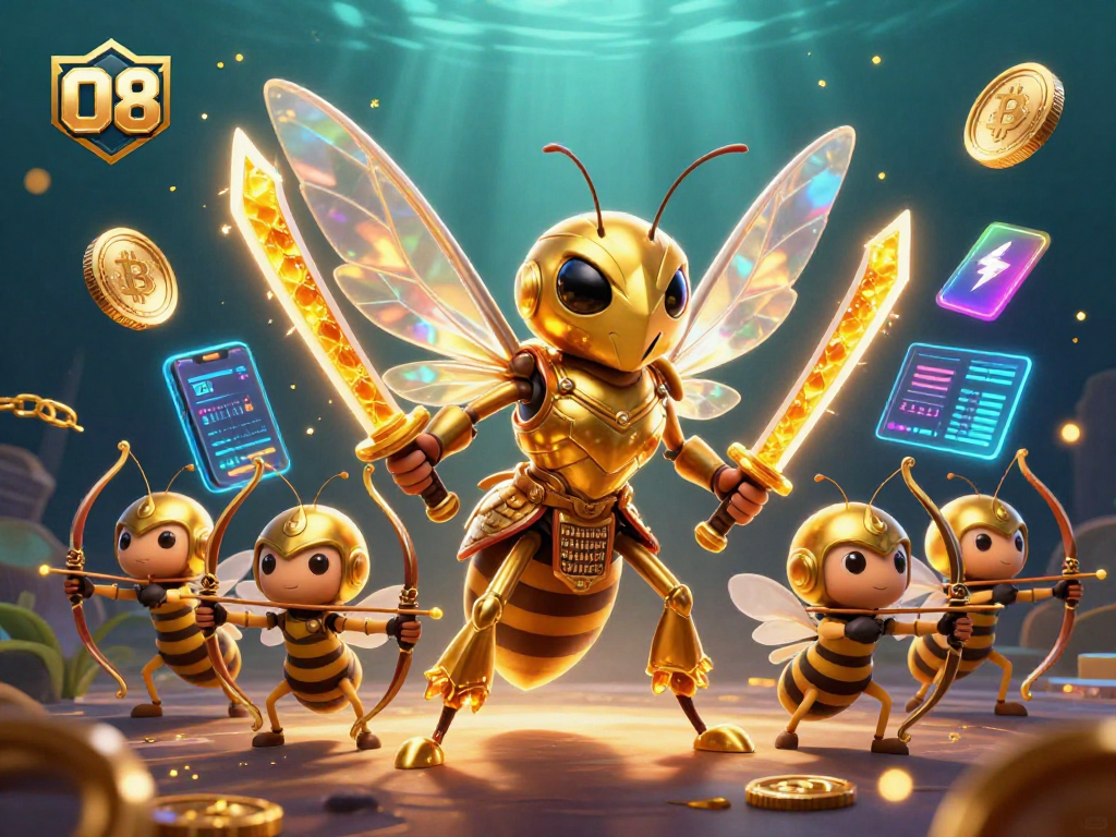 Bet on O8 with a colorful 3D scene showcasing dynamic golden hornet characters and cryptocurrency elements.