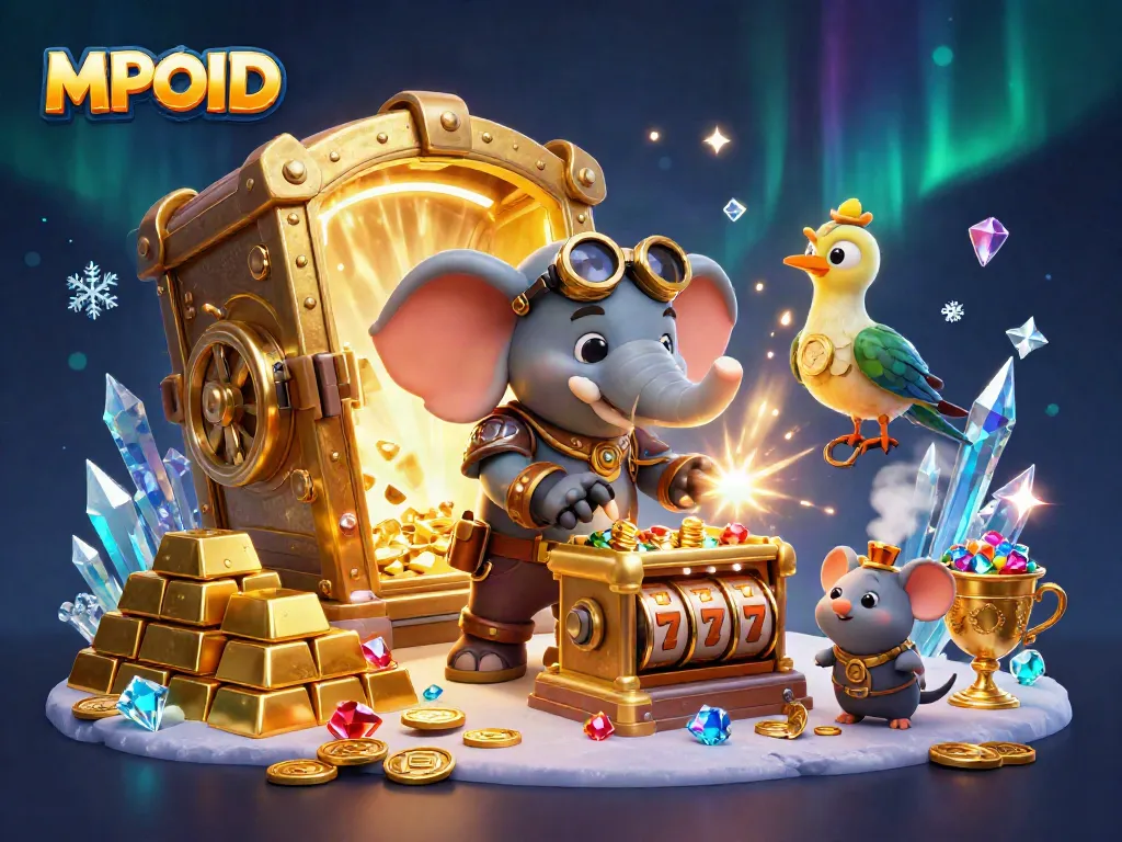 MPOID's electrifying slot machine scene features a steampunk elephant engineer and dazzling gems.
