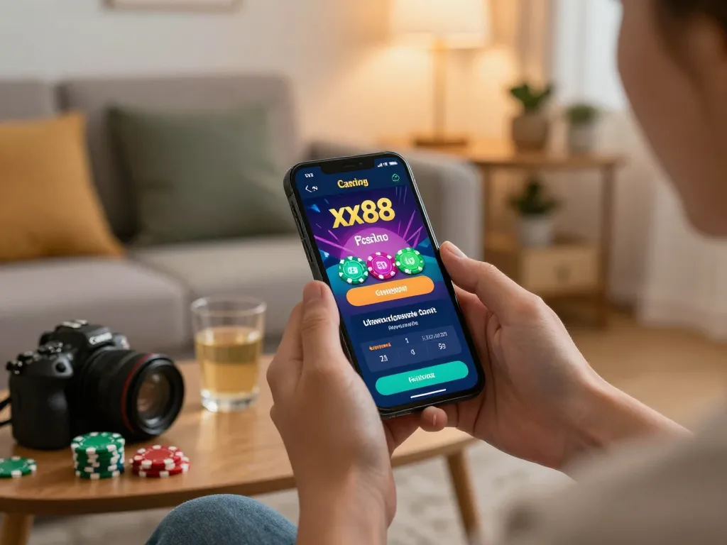 Player enjoys mobile gaming on xx88 app, showcasing casual and responsible gambling.