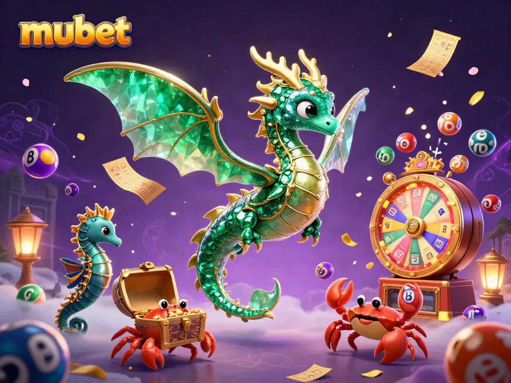 Experience the thrilling world of mubet with a vibrant 3D illustration of a sea dragon, lottery elements, and more.