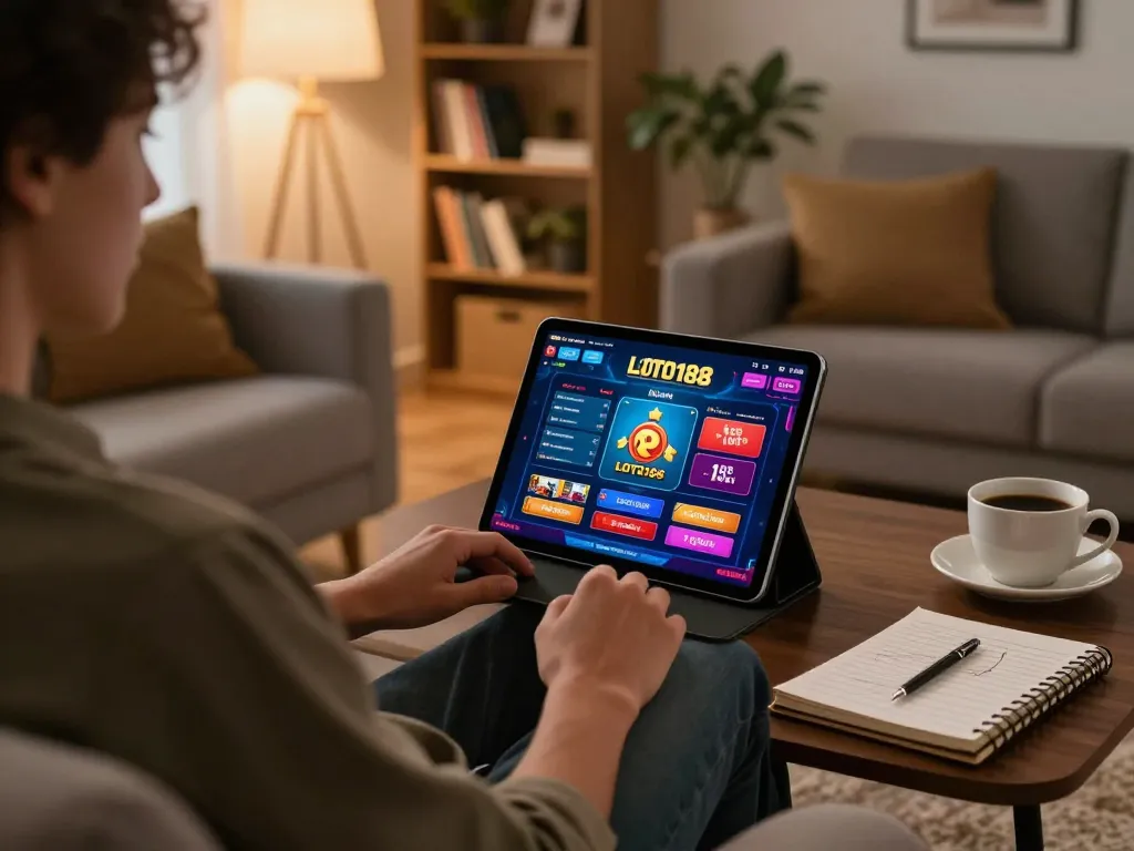 Engaging in LOTO188 gaming from a stylish living room, showcasing strategic online gambling.