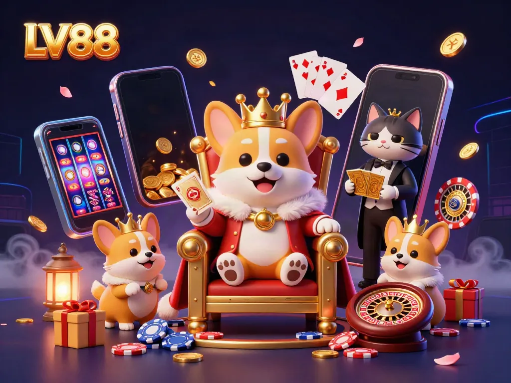Win big at LV88, a captivating 3D scene featuring a royal corgi on poker chips surrounded by gaming elements.