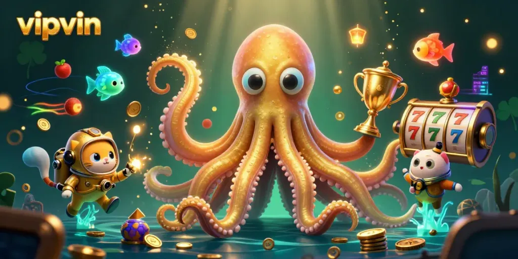 Win big at vipvin with a whimsical 3D scene featuring a kraken and a diving cat amidst slot machines and gold coins.