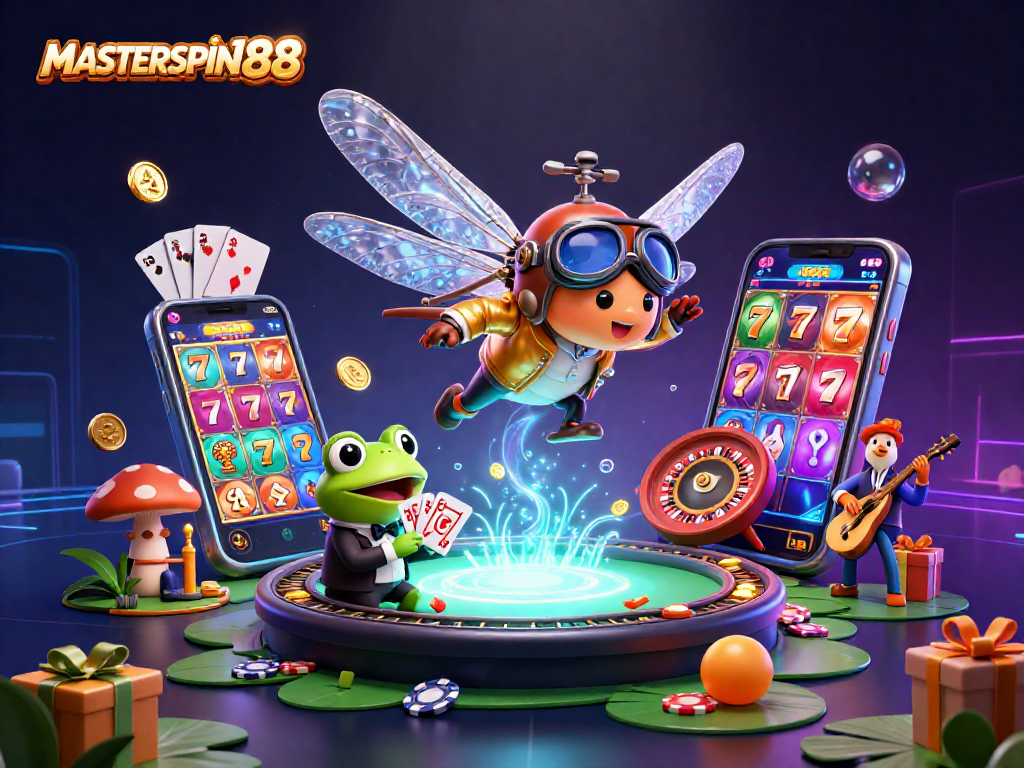 Engage with MASTERSPIN188's vibrant casino scene featuring a dragonfly pilot, frog croupier, and jazz crickets.