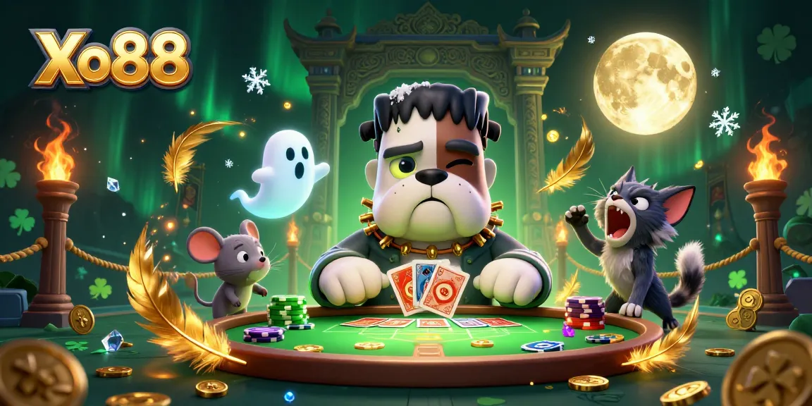 Xo88 featuring a lively 3D illustration of casino characters in a card game, including a zombie bulldog and playful ghost