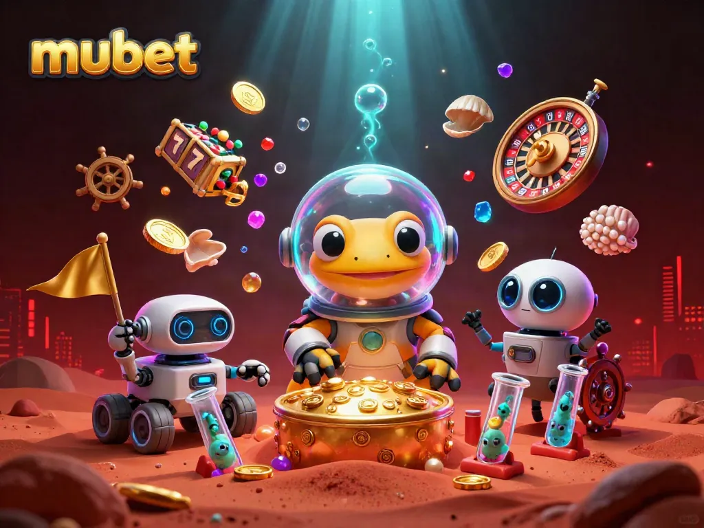 Play casino games with mubet in an exciting 3D Martian scene featuring a golden casino.