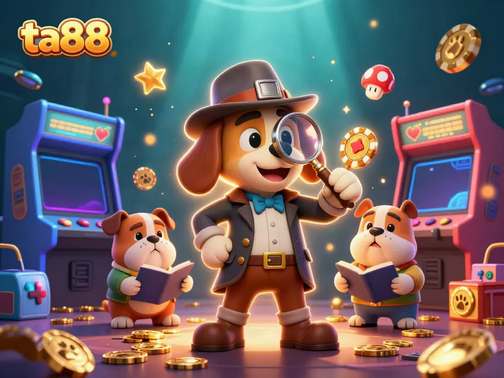 Witness the ta88 detective character investigating poker chips amidst vibrant casino elements.