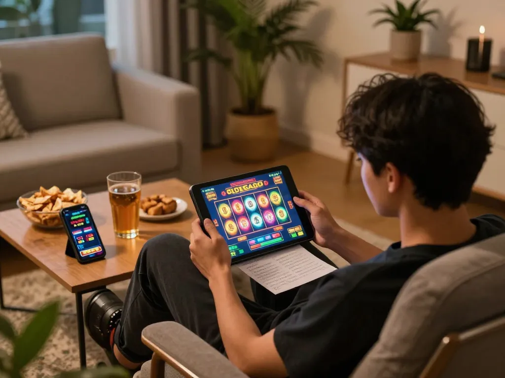 Engaged player exploring Slot Gacor games on a tablet in a cozy home gaming setup.