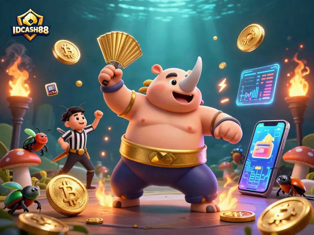 Play thrilling games at IDCASH88 with action-packed scenes featuring crypto coins and vibrant characters.
