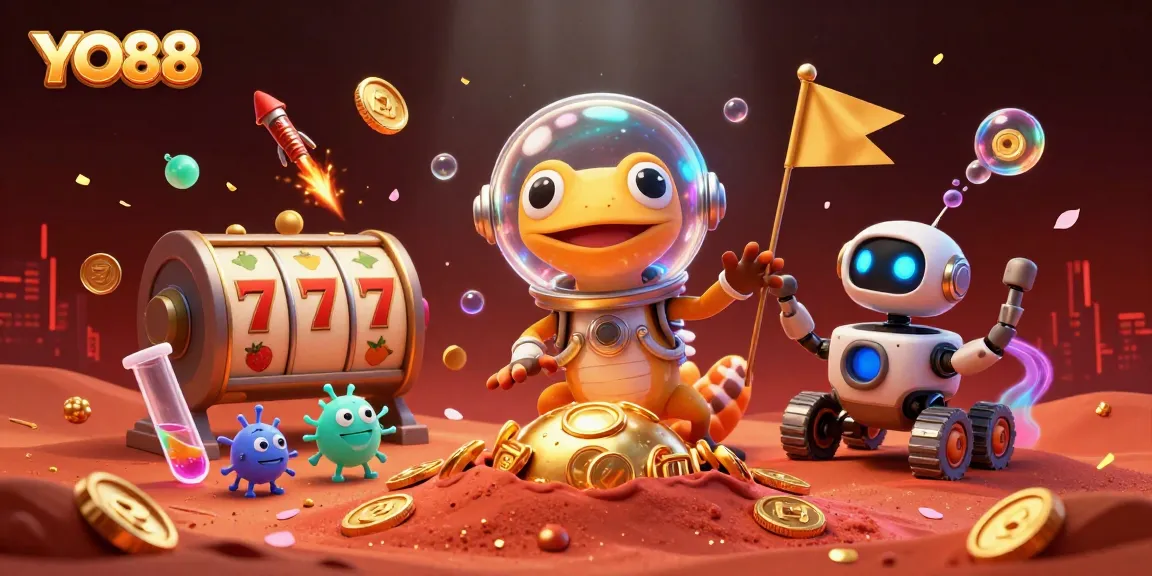 Join the Martian gecko in YO88's golden casino adventure amidst vibrant slots and festive elements.
