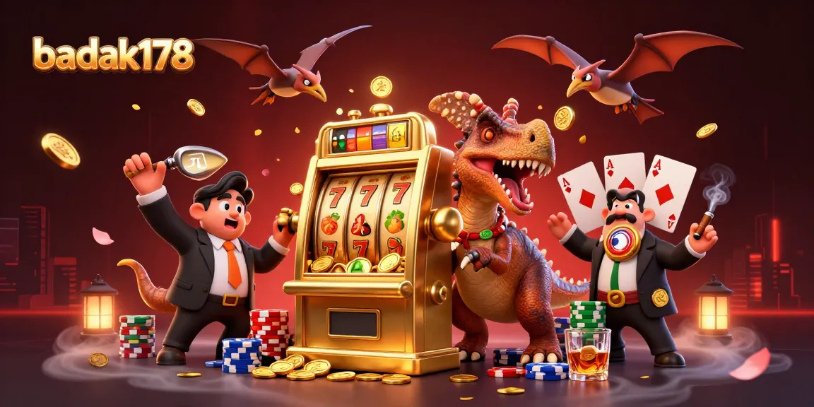 Experience excitement with badak178 as a cartoon dinosaur wins jackpots in a vibrant casino scene.