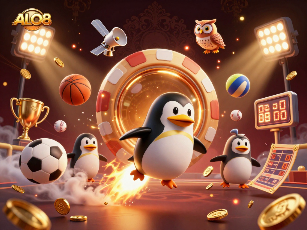 Experience ALO8's thrilling gaming adventures with animated characters, sports elements, and casino atmosphere.