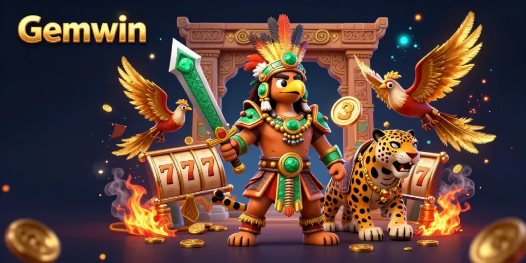 Experience exhilarating winnings at Gemwin with dynamic slot elements, vibrant characters, and rich casino details.