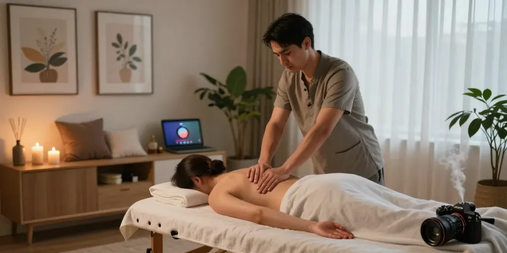 Relaxing home massage session showcasing expert 구로출장안마 therapy in a serene living room setting with soothing decor.