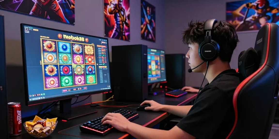 Enthusiastic gamer immersed in rokok88 slot on a vibrant gaming setup, showcasing modern equipment and ambient lighting.