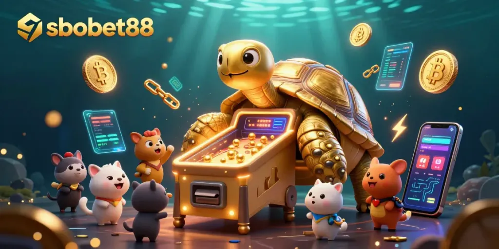 Experience thrilling action with sbobet88 as a colossal tortoise pinball machine entertains onlookers.