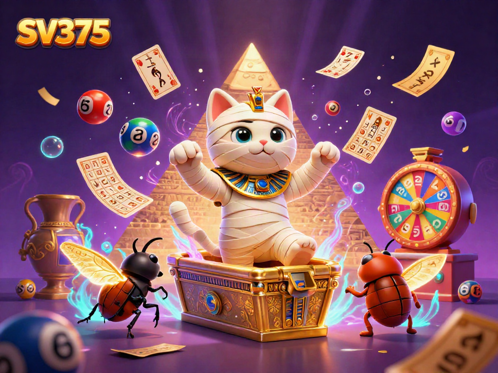 Experience the excitement of SV375 with the Egyptian mummy cat and lottery elements in this immersive casino scene.