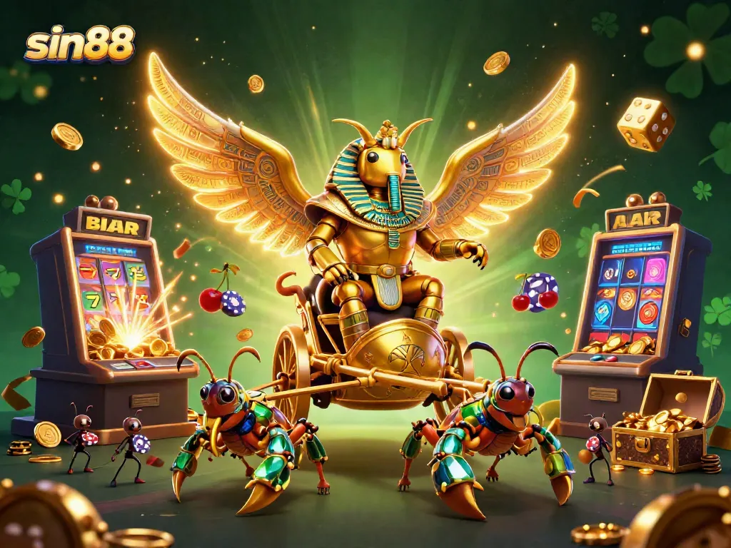 Experience thrilling gameplay with sin88 as the golden scarab beetle leads a casino parade bursting with winnings.