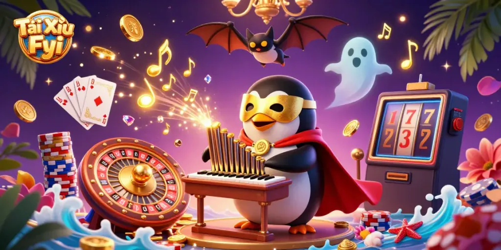 Tài Xỉu Fyi showcases a 3D cartoon phantom penguin playing an organ with flying golden coins.