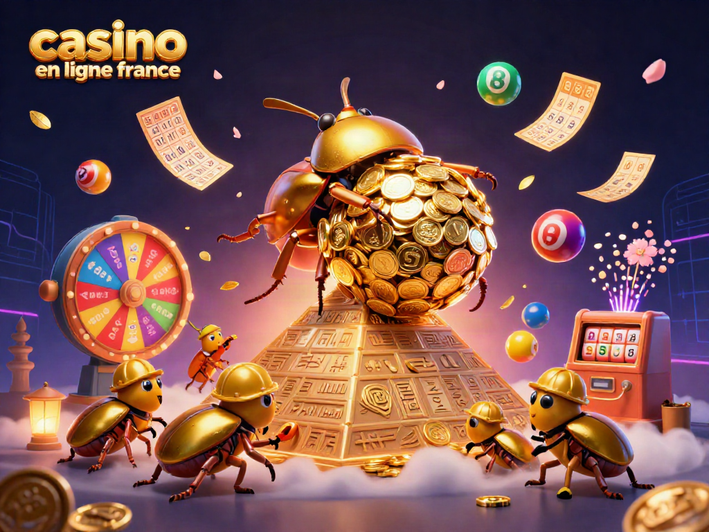 Plongez dans l'univers du jeu de casino en ligne France avec une scène animée de bugs dorés et symboles de casino.